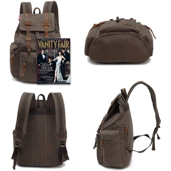 Unisex Army Green Casual Backpack 17-inch Laptop Backpack Leather Hiking Bag - Picture 7 of 7